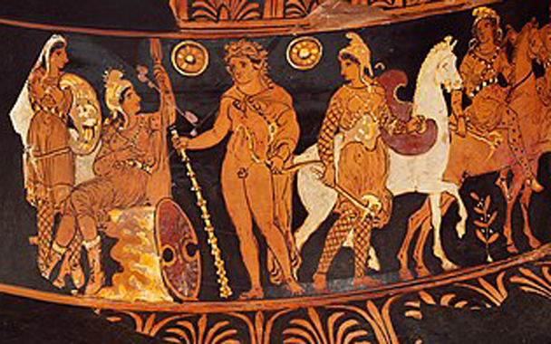 Hippolyte, queen of the Amazons, with Herakles between Amazons courtesy of Wikimedia Commons.