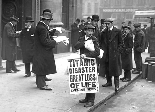 Ned Parfett, paperboy, outside the White Star Line offices in London, April 16, 1912, courtesy of Wikimedia Commons.