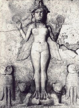 Image of a terracotta relief from the Old Babylonian period (now in the British museum) called the "Burney relief" or "Queen of the Night relief