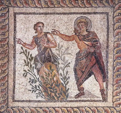 Roman mosaic.  Apollp persues Daphne.