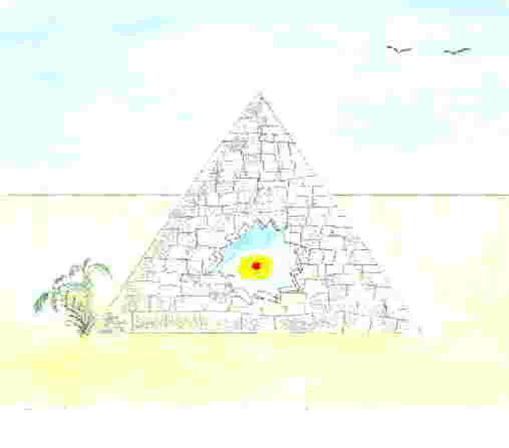 Drawing of a pyramid with a treasure inside.