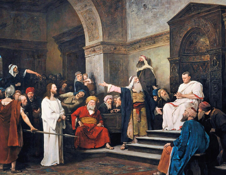 Painting by Mih�ly Munk�csy: Christ before Pilate at Wikimedia Commons.