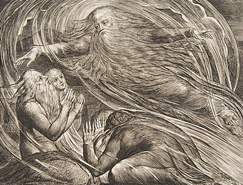 William Blake, The Lord answereing Job out of a whirlwind. Illustration from Wikimedia Commons.